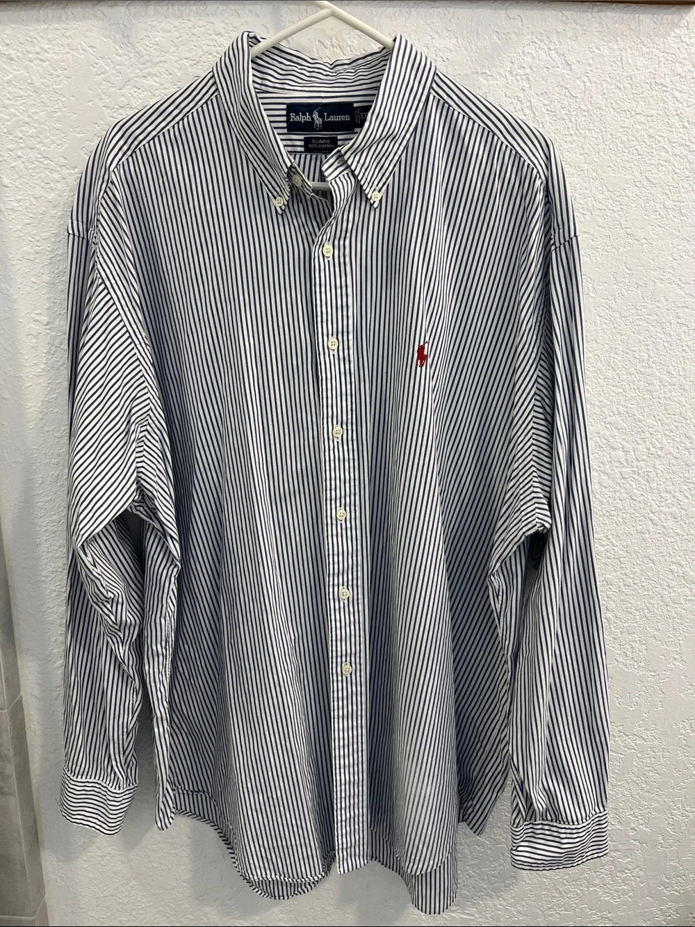 Ralph Lauren Blue and White Striped Button-Down Shirt - Picture 1 of 4